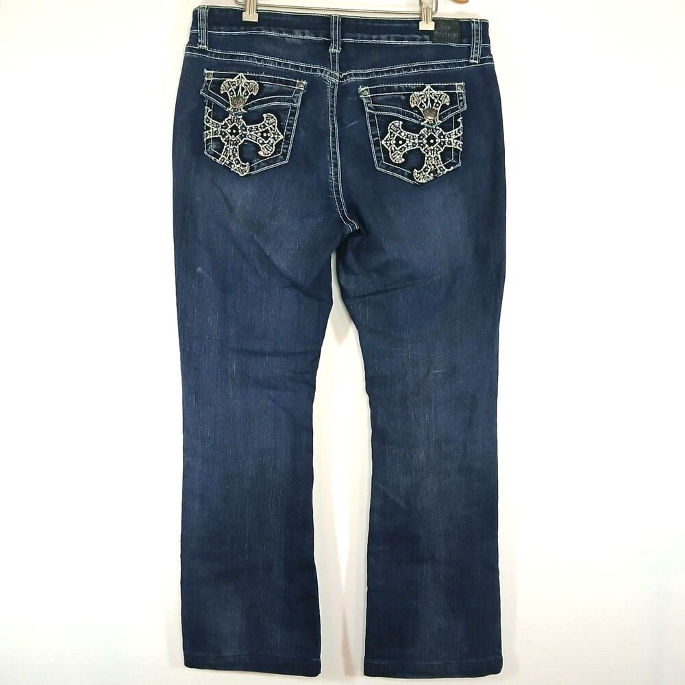 Love Indigo Bootcut Jeans Embroidered Cross Flap Pockets Glam 34x29 McBling Y2K - Picture 2 of 11